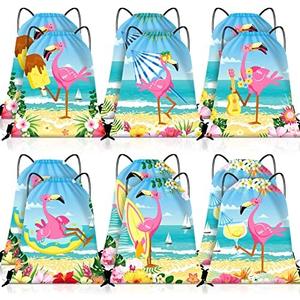 12 Pcs Flamingo Drawstring Backpack for Kids Luau Flamingo Party Supplies Hawaiian Kids Beach Bag Flamingo Goodie Bags Flamingo Gifts Flamingo Party Favor for Summer Birthday Baby Shower Pool Supply