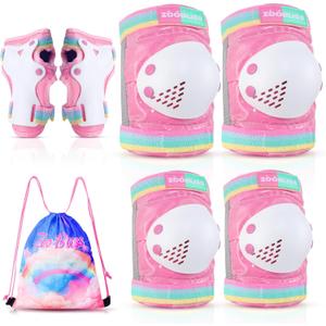 Knee Pads for Kids - ZOOBLISS Toddler Knee and Elbow Pads Set Wrist Guards for Skating Girls Aged 3-12, Kids Protective Gear for Roller Skates Skateboard Bike Scooter, Included Drawstring Bag(Rainbow) (Small, Starry Pink)