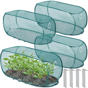 Threehoney 4 Pcs 35'' x 14'' x 16'' Pop up Garden Mesh Plant Cover Outdoor Plant Protector Garden Row Raised Bed Cover with Ground Nails Crop Cage Net for Seedlings Vegetable Fruit Herbs (Dark Green)