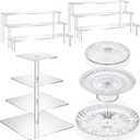 6 Pcs Acrylic Cake Stands Set Include 2 Pcs Display Risers 1 Pcs 4 Tier Cupcake Tower and 3 Clear Round Dessert Trays Cake Table Holder for Wedding Baby Shower Tea Party Decoration(Square)