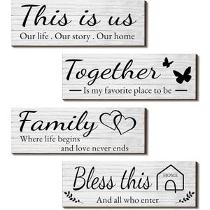 4 Pieces Wooden Home Wall Art Decor, Rustic, Farmhouse THIS IS US/TOGETHER/BLESS THIS HOME/FAMILY Decor Signs For Living Room Bedroom, 4.7 x 13.8 Inch (White)
