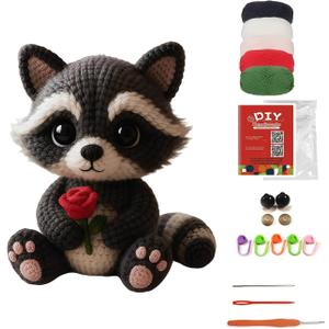 Morcolplus Woodland Raccoon Crochet Kit for Beginners & Adults, Amigurumi Forest Animal Crochet Starter Kit with Video Tutorials, DIY Yarn Craft Kit, Handmade Cozy Room Decor Gift
