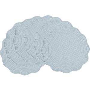 BALAPET Quilted Placemats Set of 6, 100% Cotton 14" Table Mats Farmhouse Style, Reversible Round Tabletop with Scalloped Edges for Kitchen Dinner Party Holidays (Water Blue, 6)