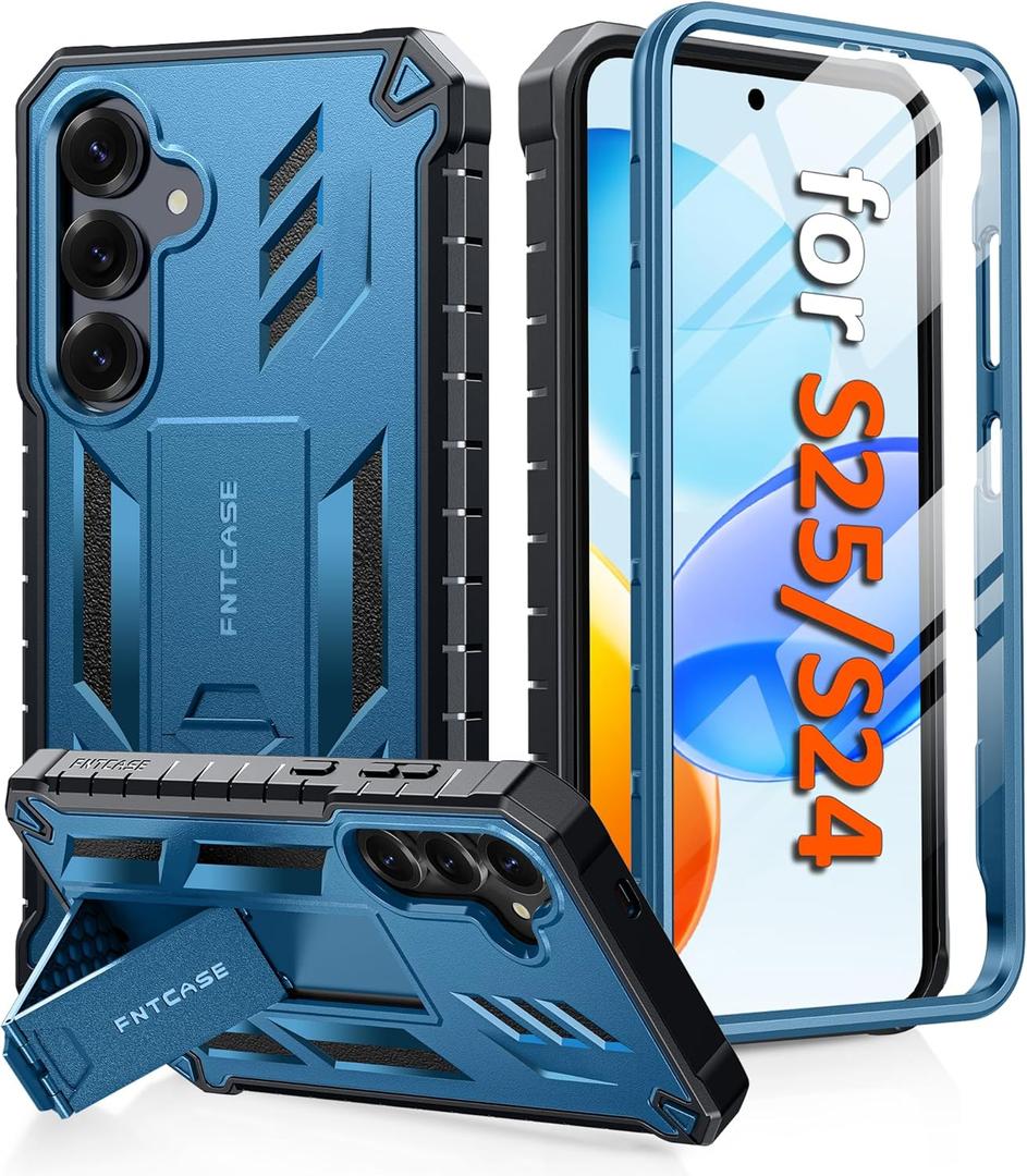 FNTCASE for Samsung Galaxy S25 Case: for Galaxy S24 Case with [Built-in Screen Protector & Kickstand] [Military-Grade Drop Protection] Heavy Duty Protective Full Body Shockproof TPU Phone Cover Blue