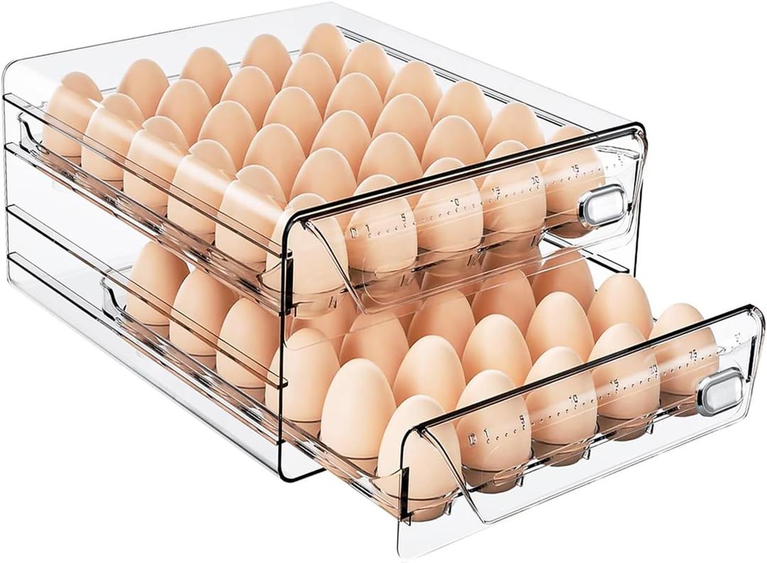 HIYOHIYO Clear 60 Egg Holder for Fridge, High Capacity Egg Container for Refrigerator, Stackable Egg Storage Trays for Countertop, Eggs Organizer for Refrigerator (2 Layer, 11.6"x 10.2"x 5.1")