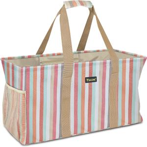 BALEINE Extra Large Utility Tote Bag with Reinforced Wire Frame, Reusable Grocery Bag for Shopping, Picnic (Color Stripe, 22''x12''x10'')