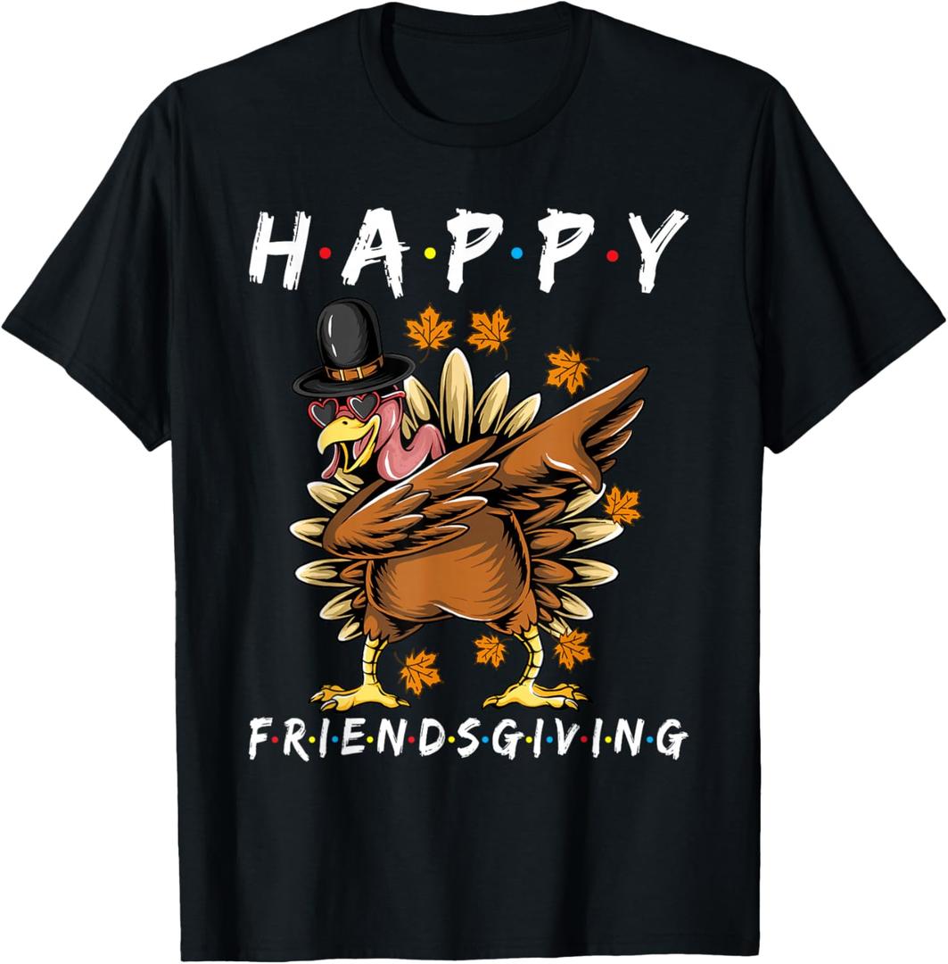 Turkey Friends Giving Unisex-Adults & Kids Black Solid V-Neck Short Sleeve T-Shirt Thanksgiving T-Shirt Small