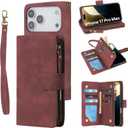 RANYOK Wallet Case Compatible with iPhone 17 Pro Max Case, with 6 Card Holder RFID Blocking, PU Leather Zipper Flip Wallet Pocket, Kickstand, Wrist Strap | Protective Phone Cover, Wine Red