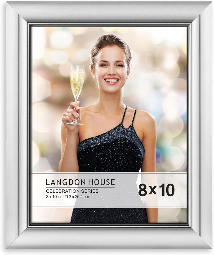 Langdon House 8x10 Silver Picture Frame, Contemporary Glam Photo Frame 8 x 10, Wall Mount or Table Top, Celebration Collection