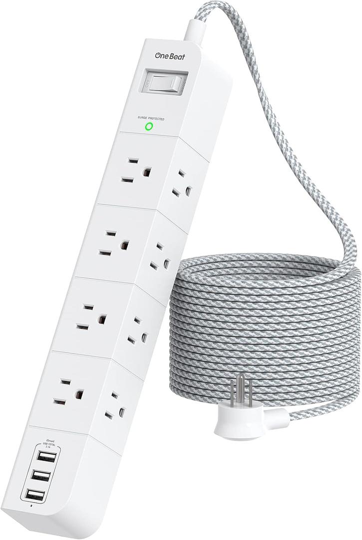One Beat 10 ft Extension Cord,Power Strip Surge Protector 8 Widely AC Outlets 3 USB,Flat Plug,Desktop Charging Station with Overload Protection,Wall Mount for Home,Office,Travel,Computer ETL Listed (White)