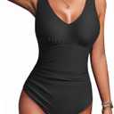 AI'MAGE Women's One Piece Swimsuit Tummy Control V Neck Ruched Bathing Suits Adjustable Straps Monokini Cross Back Swimwear (Black)