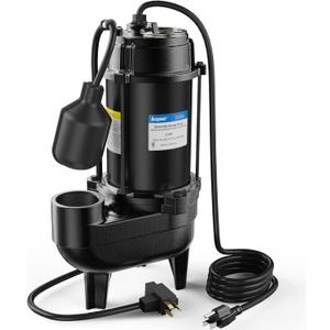 Acquaer 3/4HP Submersible Sewage Effluent Pump, Cast Iron, 115V 6400 GPH Automatic Tethered Float Switch, Sump Pump for Sump Basin, Basement, Residential Sewage, 2'' NPT Discharge