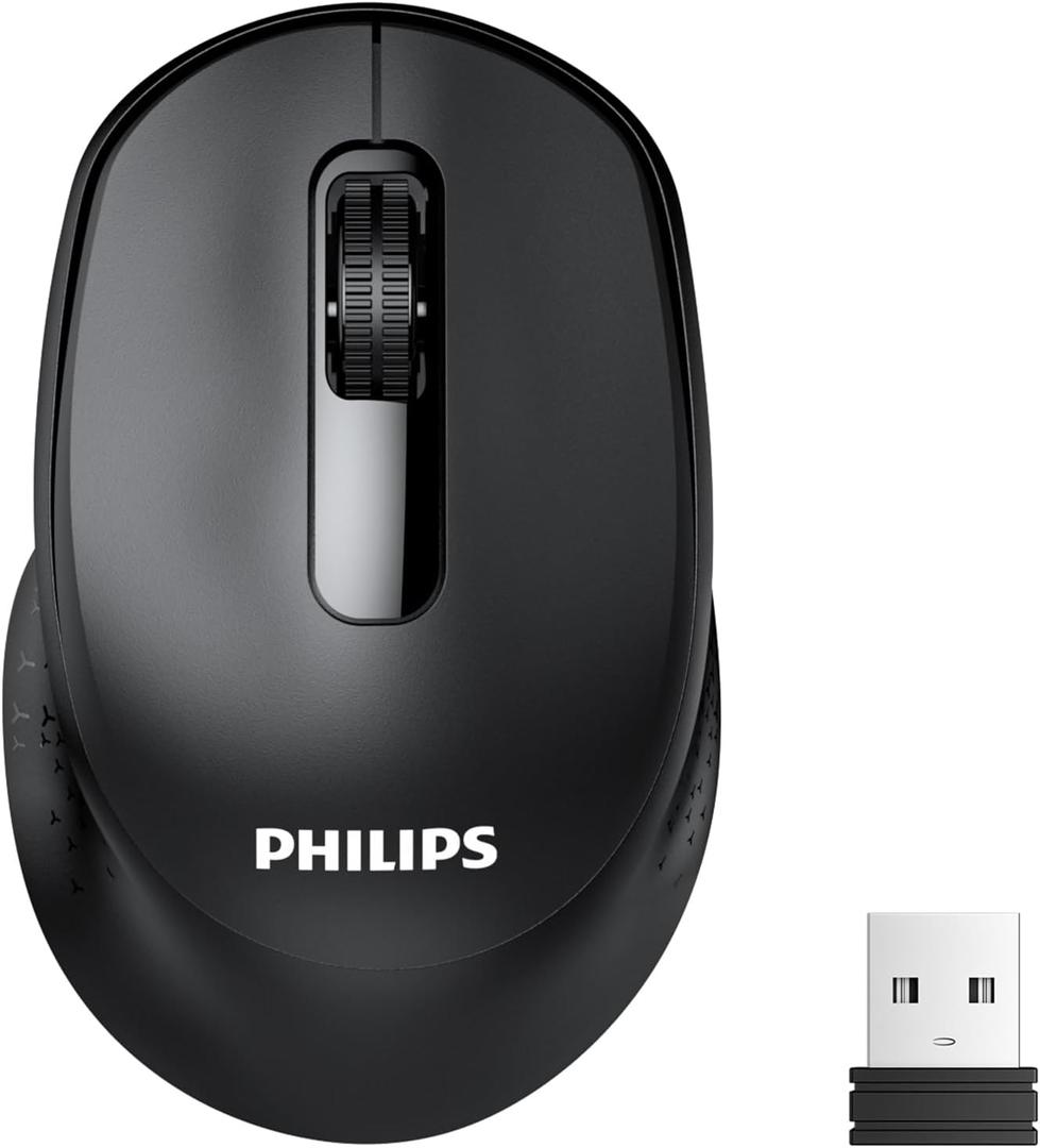 Philips Wireless Mouse, 2.4G&BT5.2/ 3.0 Ergonomic Computer Mouse with USB Receiver, 1600 DPI Optical and Silent Mice, 12 Months Battery Life, Portable Design for Mac OS, Android, Windows 7/ 8/ 10/ XP-Black