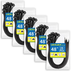 Large Zip Ties Heavy Duty Outdoor 48 inch (125 Pack), Heavy Duty Zip Ties 250 lbs, Black, LOCKLOCK