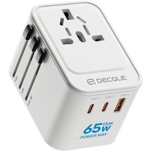 decqle Universal Travel Adapter, International Travel Plug Adapter with 2 USB-C(GaN 65W)  1 USB-A Ports, All in One Portable Adaptor, for USA, UK, EU, AU  224+ Countries (White) US