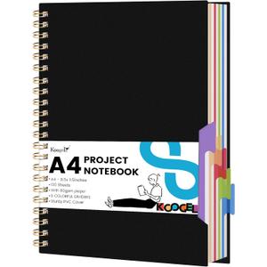 Koogel 5 Subject Notebook College Ruled, Spiral Notebook Journal with Removable Dividers Tabs, 200Pages Lined Journals for Women Journals Note Taking Office Work School Gifts, 8.5x11.5 Inch, Black (A4)