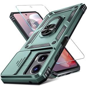 Janmitta Compatible with Moto G Power 5G 2024 Case Built in Slide Camera Lens Cover+Screen Protector+Finger Ring Holder Kickstand, Heavy Duty Shockproof Full Body Protective Phone Cover, Dark Green