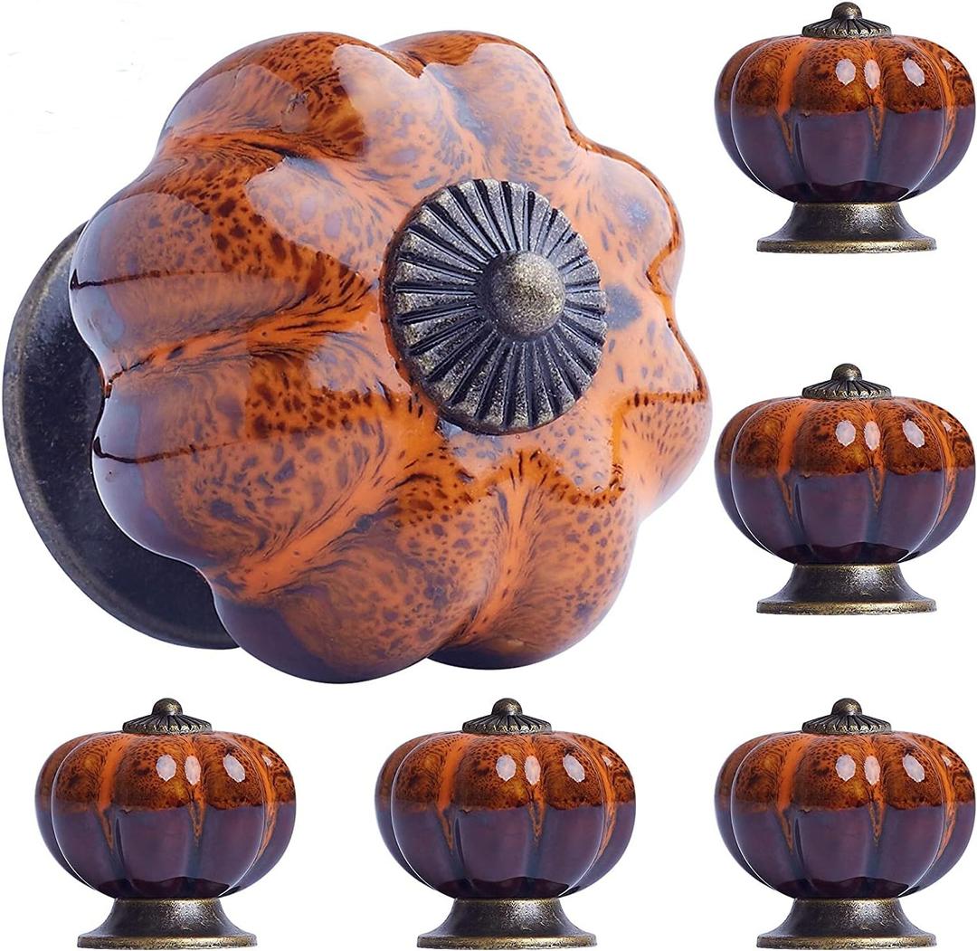 OLAYA Cabinet Knobs with Pumpkin Shape Vintage Ceramic Knobs for Decorative Closet Drawers Dresser Pull Handle 12 Pack (Pumpkin Orange)