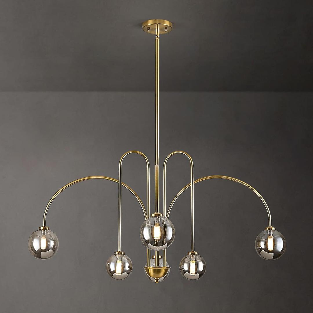 Modern Sputnik Globe Chandelier, 6-Light Brass Gold Linear Chandeliers for Dining Room and Kitchen Island, Mid Century Light Fixture Over Table, (Smoke Grey Glass Bubble Shades, 40 Inch)