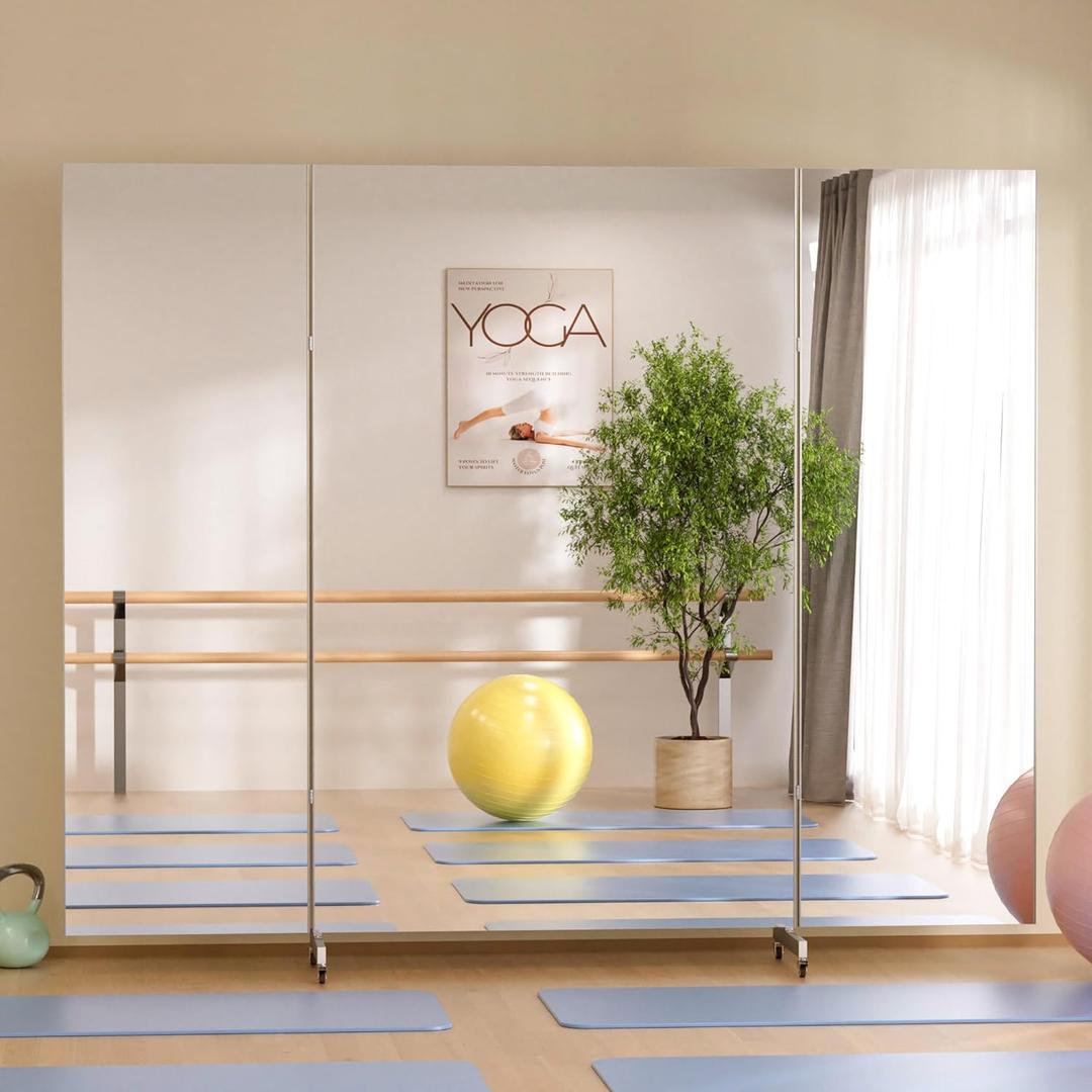 brisafe Full Length Stand Up Mirror on Wheels,75''95'',Large Tri-Fold Floor Mirror with Stand,Movable 3-Way Full Length Standing Mirror for Gym, Dance Studio, Fitness Room, and Home (White)