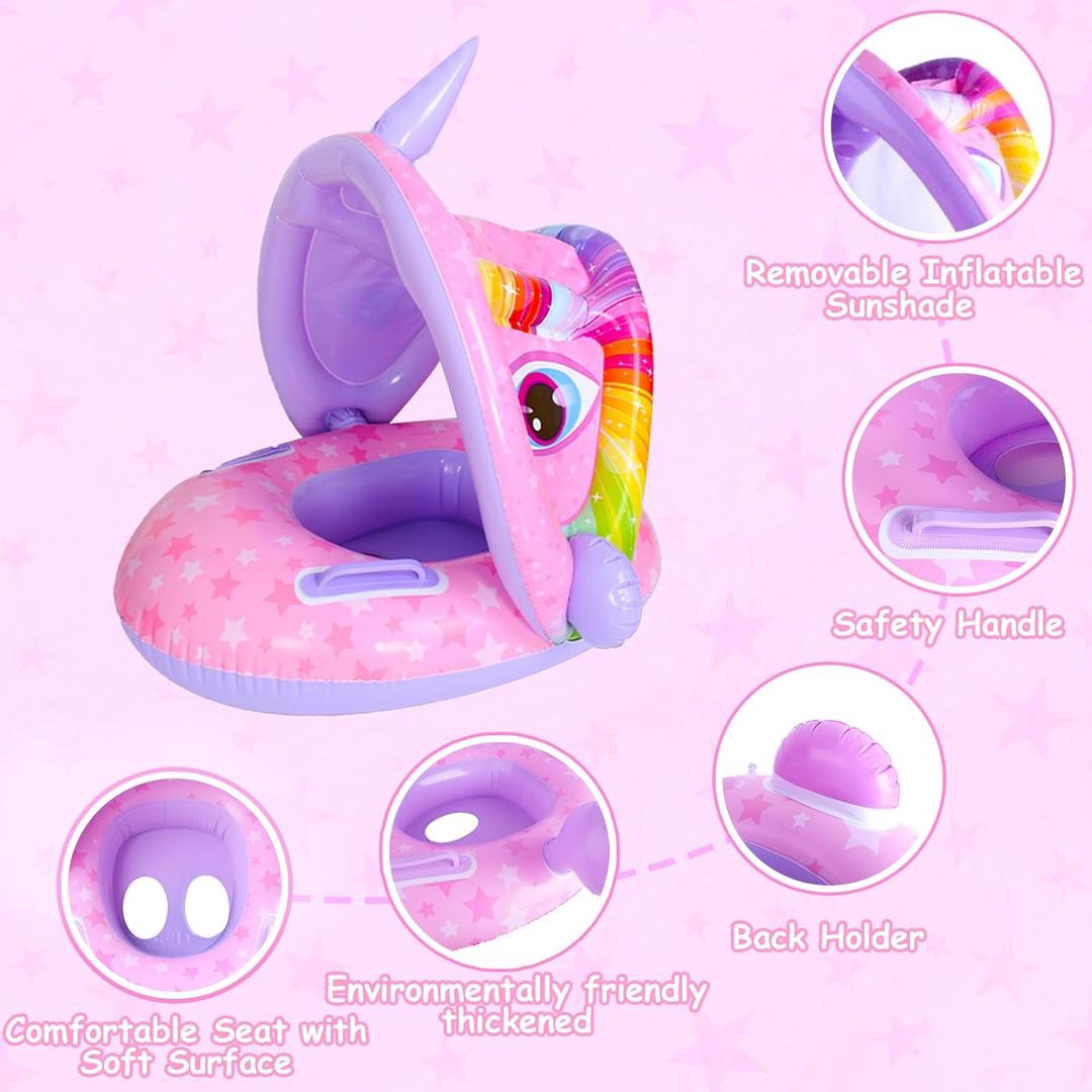 Baby Pool Float with Canopy,Inflatable Baby Swim Float Unicorn
