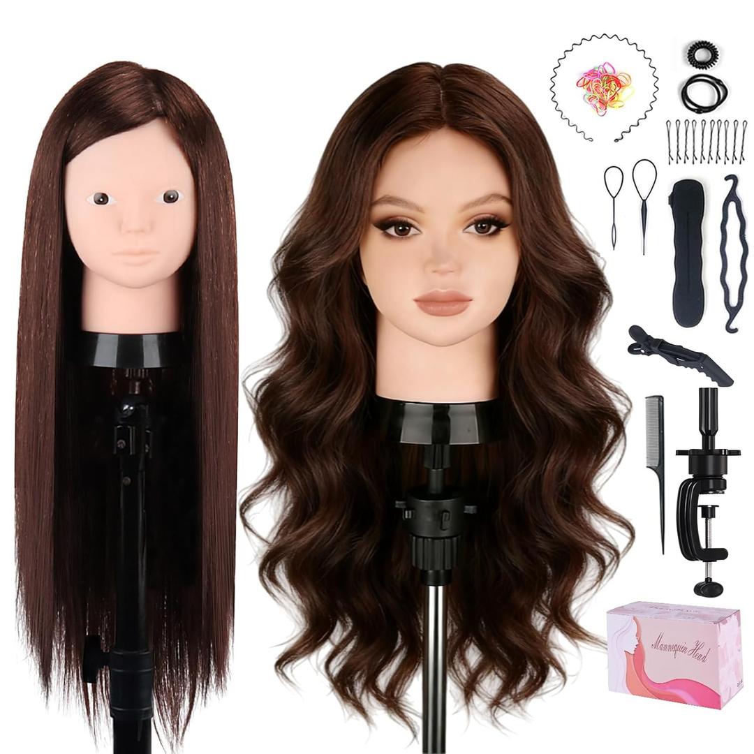 Mannequin Head Human Hair, Beauty Star Doll Head for Practice Hair Styling, 80% Real Hair Cosmetology Makeup Hairdressing Training Manicanequin Head with Clamp Stand + DIY Braiding Set (23.5", Dark Brown)