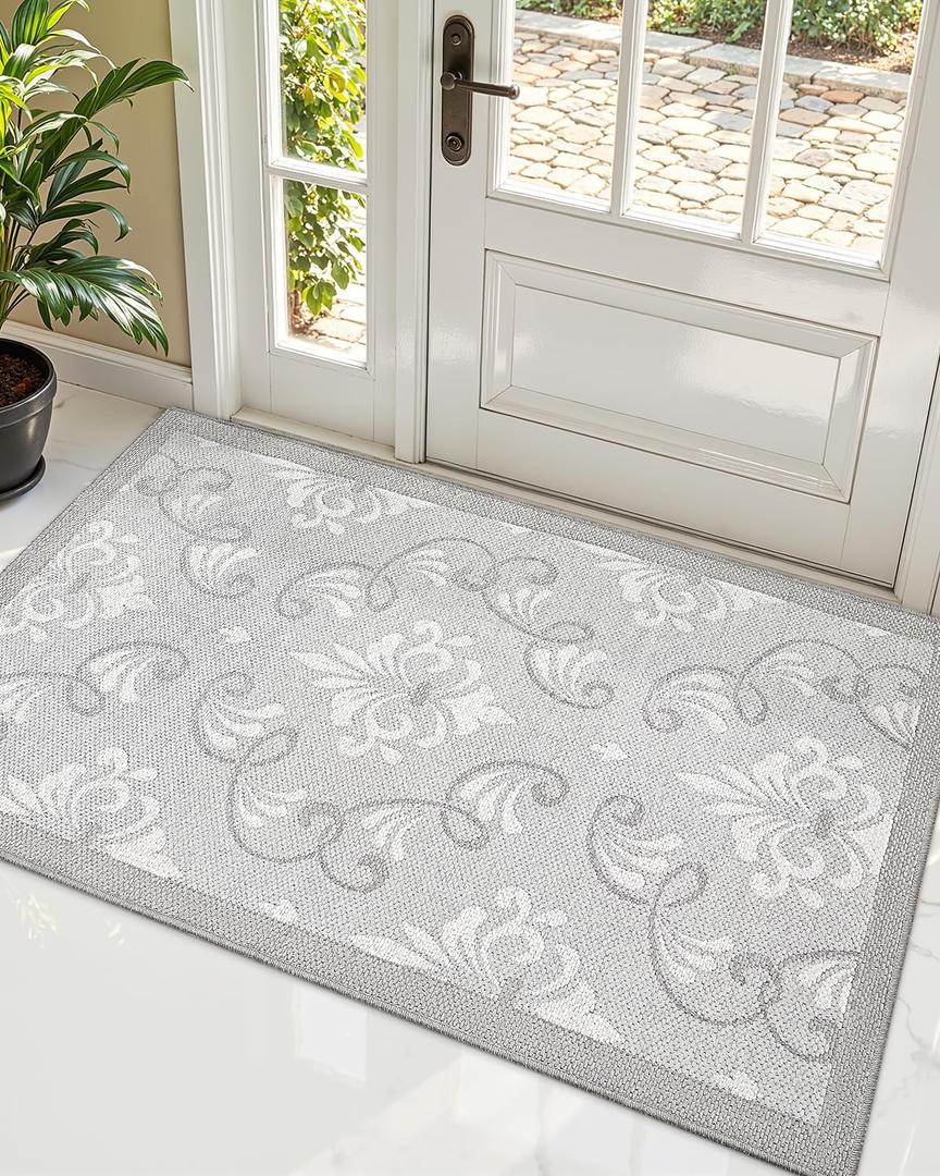 LUMI Ultra Thin Indoor Door Mat, 39x60 Front Door mat, Non Slip Washable Floral Design Floor Mats for Inside Entrance, Grey