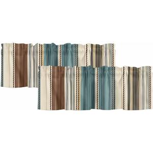 Teal Brown Striped Curtain Valances for Windows, Vertical Stripes Kitchen Valance Window Treatments Panel 2 Pack, Vintage Boho Rod Pocket Short Curtains for Bathroom Bedroom 54 x 18 Inch