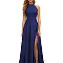 Zeflows Womens Halter A-line Side Slit Sleeveless Maxi Dress Evening Gown Elegant Cocktail Party Wedding Guest Dress, Navy-L (Blue, L)