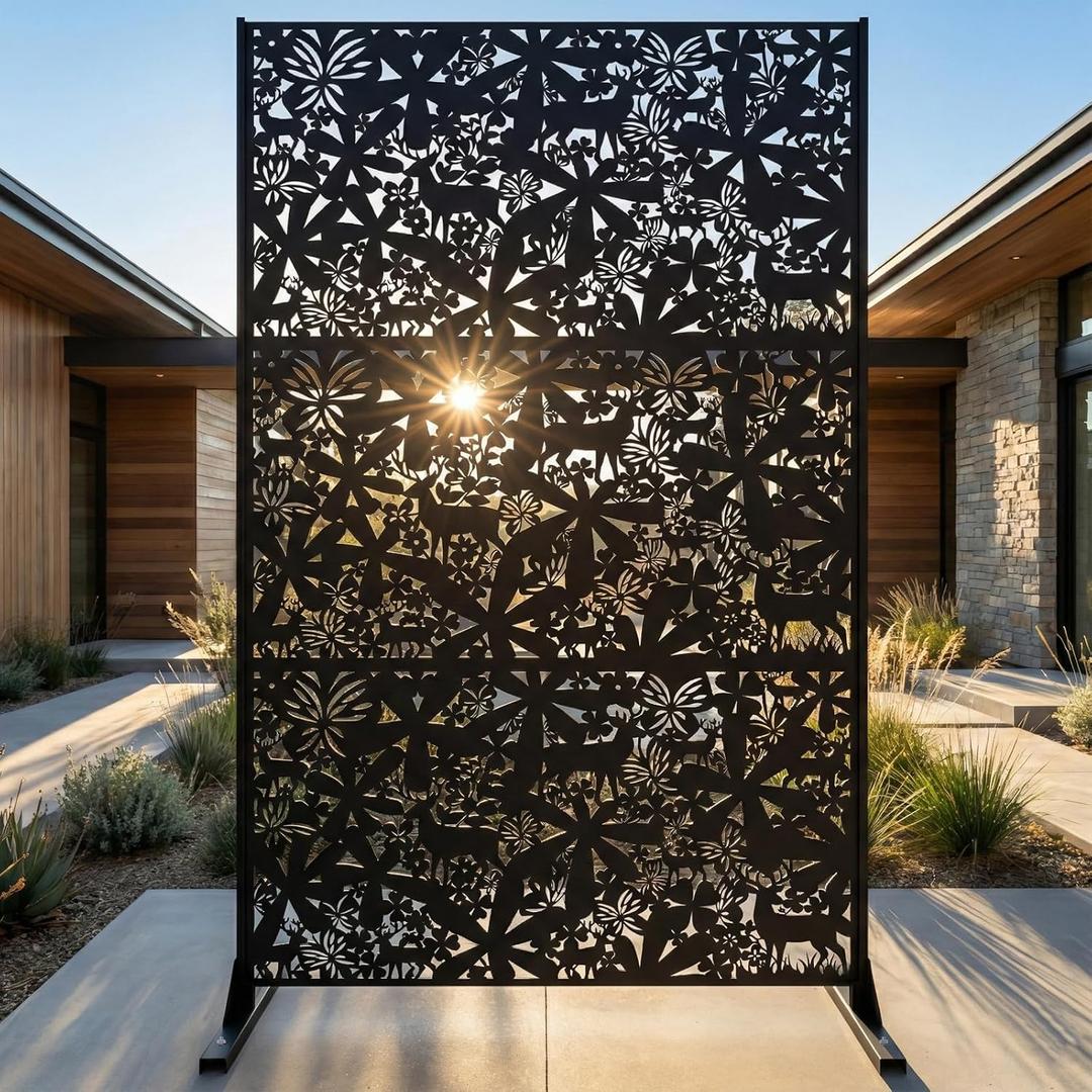 Metal Privacy Screen Outdoor 6FT Freestanding Laser Cut Steel Garden Divider Panel with Stand, Decorative Modern Privacy Screen for Patio, Deck, Backyard & Balcony, Rustproof & Weather-Resistant