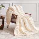 Negwoo Chunky Knit Throw Blanket, 50''*60'' Knitted Throw Chenille Yarn for Bed Couch, Handmade Cream Crochet Big Thick Blanket, Machine Washable Cute Comfy Blanket for Home Decor