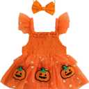 0-18 Months Baby Girl Halloween Clothes Smocked Pumpkin Romper Onesie Tulle Lace Bodysuit Infant Girl Christmas Clothes (6-9 Months, Orange)