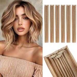 Rich Choices Real Human Hair Clip In Extensions-6 Pcs Single Clip Design-Invisible Clip in Extensions for Thin Short Hair-Hairpieces for Women-12 Inches #6P613R Light Brown Highlight Bleach Blonde