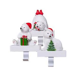 UNIQOOO Handmade White Polar Bear Christmas Stocking Holders, Large 3Pcs Mantel Hook Set with Base Pads, Holds 2 Lb, Cubs with Xmas Tree, Candy Cane, Birds Fireplace Stocking Hanger Décor for Garlands