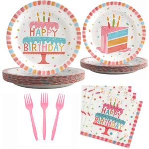 96Pcs Birthday Plates and Napkins Party Supplies, Pink Happy Birthday Cake Theme Party Paper Plates and Napkins Sets for Kids, Serve for 24 Guests, Striped Edge