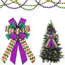 Large Mardi Gras Bows for Wreath, Green Purple Glitter Decorations, Fat Tuesday Holiday Tree Topper, Front Door Decor (Style 1: Wave)