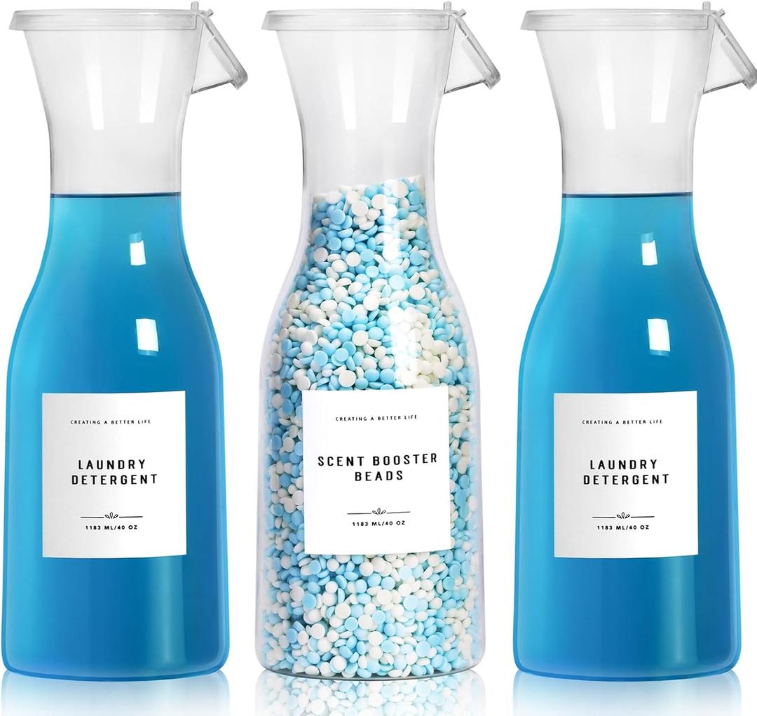 Laundry Detergent Dispenser Bottle 40oz with Waterproof Label for Detergent, Soap, Fabric Softener, Scent Booster Beads, Sturdy PET Bottle for Laundry Room Decor 3 Pack