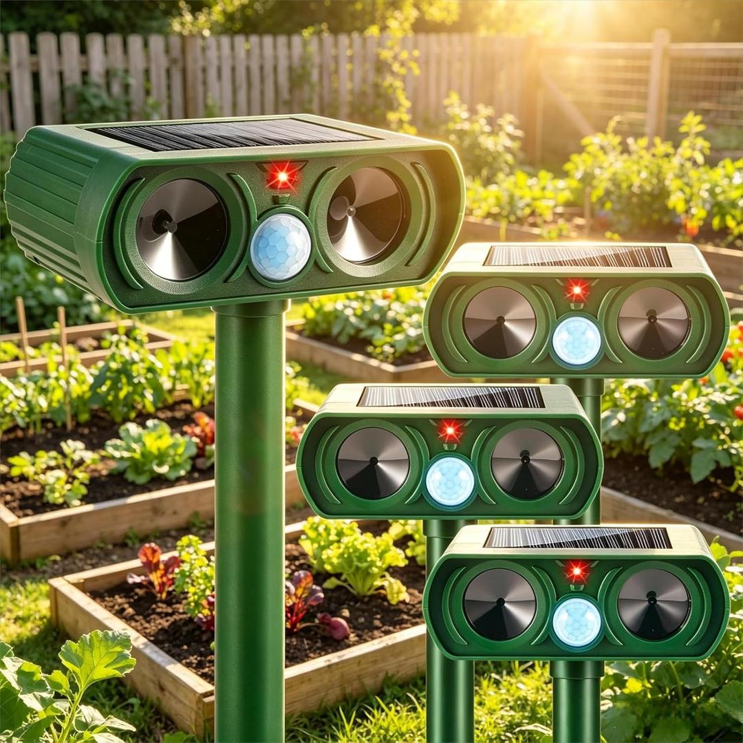 Upgraded 4Mode Deer Repellent Devices Solar Ultrasonic Animal Repellent with Motion Sensor&Flash Light,Cat Repellent Outdoor for Garden,Sonic Fortress Pro Deer Repellent for Plants,Vegetables Yard
