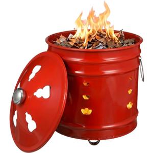 Vibrant Red Burn Cage for Outdoor - 9.5" Portable Metal Incinerator Barrel with Lid & Handle - Decorative Heart-Pattern Hollow Burn Barrel for Trash, Paper, Leaves - Heat-Resistant Tabletop Fire Pit