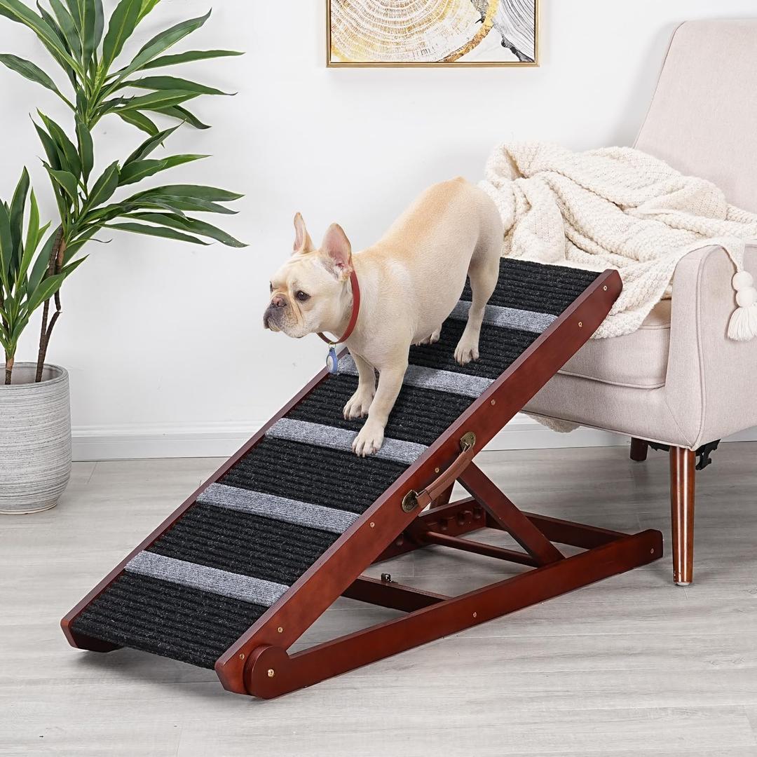 Wooden Adjustable Pet Ramp for All Dogs and Cats - Non Slip Carpet Surface and Foot Pads - 40" Long and Adjustable from 12 to 24 - Up to 200LBS - Folding Dog Car Ramps for SUV, Bed, Couch (Brown)