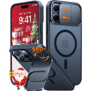TORRAS for iPhone 15 Pro Max Case with Slide Camera Cover & Rotatable Kickstand, Magnetic Shockproof, Military Grade Drop Protection, Fit for MagSafe, Anti-Scratch Anti-Fingerprint, Translucent Black