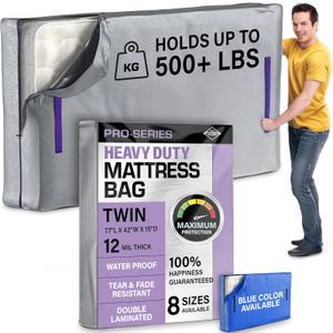 Twin Mattress Bags for Moving - Heavy Duty 10 Mil Thick Zippered Mattress Cover for Moving w 8 Carrying Handles - Moving Mattress Protector Bag - Waterproof Plastic Mattress Storage Bag  (Twin, Silver)