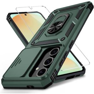 Weycolor for Samsung Galaxy S25 Case with Camera Lens Cover, HD Screen Protector, 10 FT Military Grade Drop Protection, Magnetic Ring Holder Kickstand Protective Phone Case, Pine Green