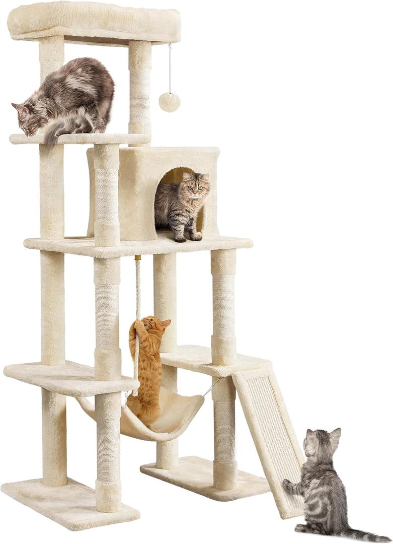 Yaheetech Cat Tree, 63 Inches Multi-Level Indoor Cat Play Structure with Scratching Posts, Hammock, and Dangling Ball (Beige)