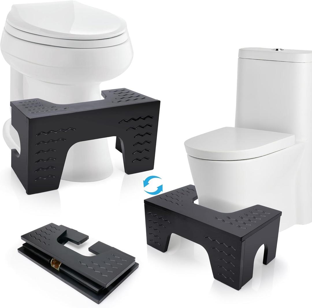 Foldable Toilet Stool Squat, 7" & 9" Adjustable Heights, Bamboo Poop Stool for Adults and Kids with Non-Slip Layer - Improve Bathroom Posture and Comfort, No Assembly Required, Black