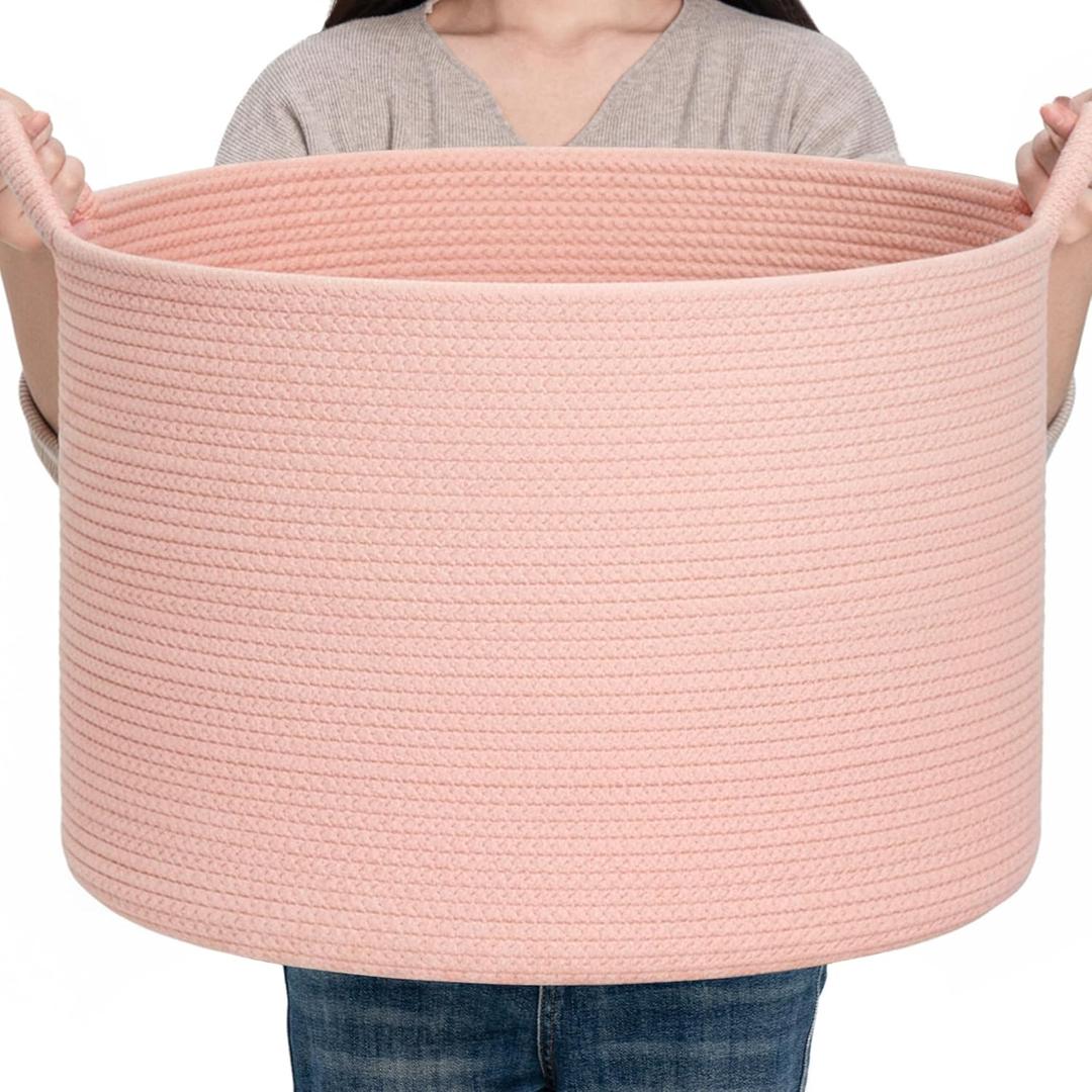 CLHMILY&Z Round Cotton Rope Storage Basket in Living Room, Bedroom, Laundry Room for Toy, Clothes, Blanket, Pillow (Pink, XLarge(14.2"x22"))