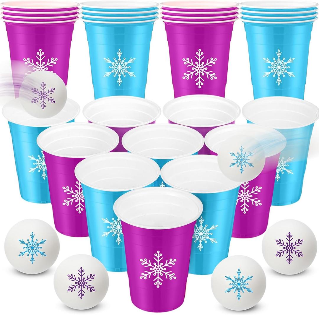 22 Pcs Snowflakes Party Game Set Plastic Blue Purple Snowflakes Cups with 8 Balls Set 16oz Disposable Cups and Balls for Adults Birthday Party Favors Supplies