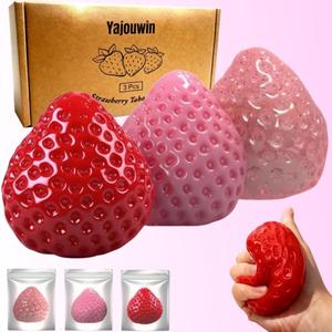 Handmade Strawberry Taba Squishy Toys: 3Pcs Ultra Squishies Squishy Fidget Toys Kawaii Squeeze Toys for Kids and Adults,Relieves Stress Anxiety Gifts for Birthday,Party (Pink Red Transparent Powder)