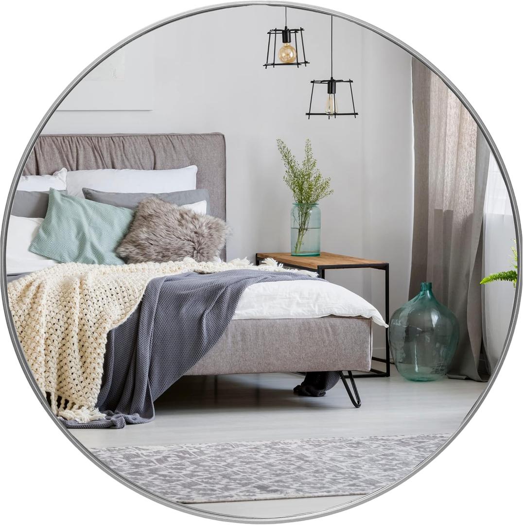 HBCY Creations Small Round Mirror, Silver 20 inch Wall Mirror for Entryway, Bathroom, Living Room and More, Modern Minimalist Mirror for Both Rustic and Boho Design and Decor