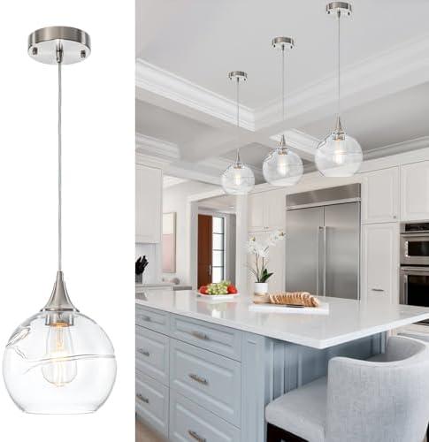 WILON Pendant Light Fixture with Clear Globe Round Glass Shade, Brushed Nickel Glass Pendant Lights Lamp for Kitchen Island, Modern Adjustable Ceiling Hanging Light for Sink Dining Room Entryway